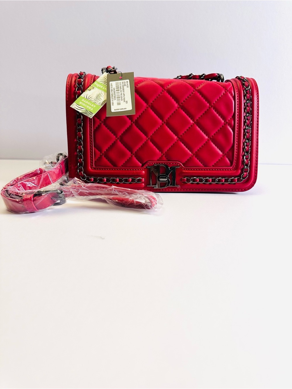 NEW BADGLEY MISCHKA RED QUILTED GLAM VEGAN LEATHER BAG/RED